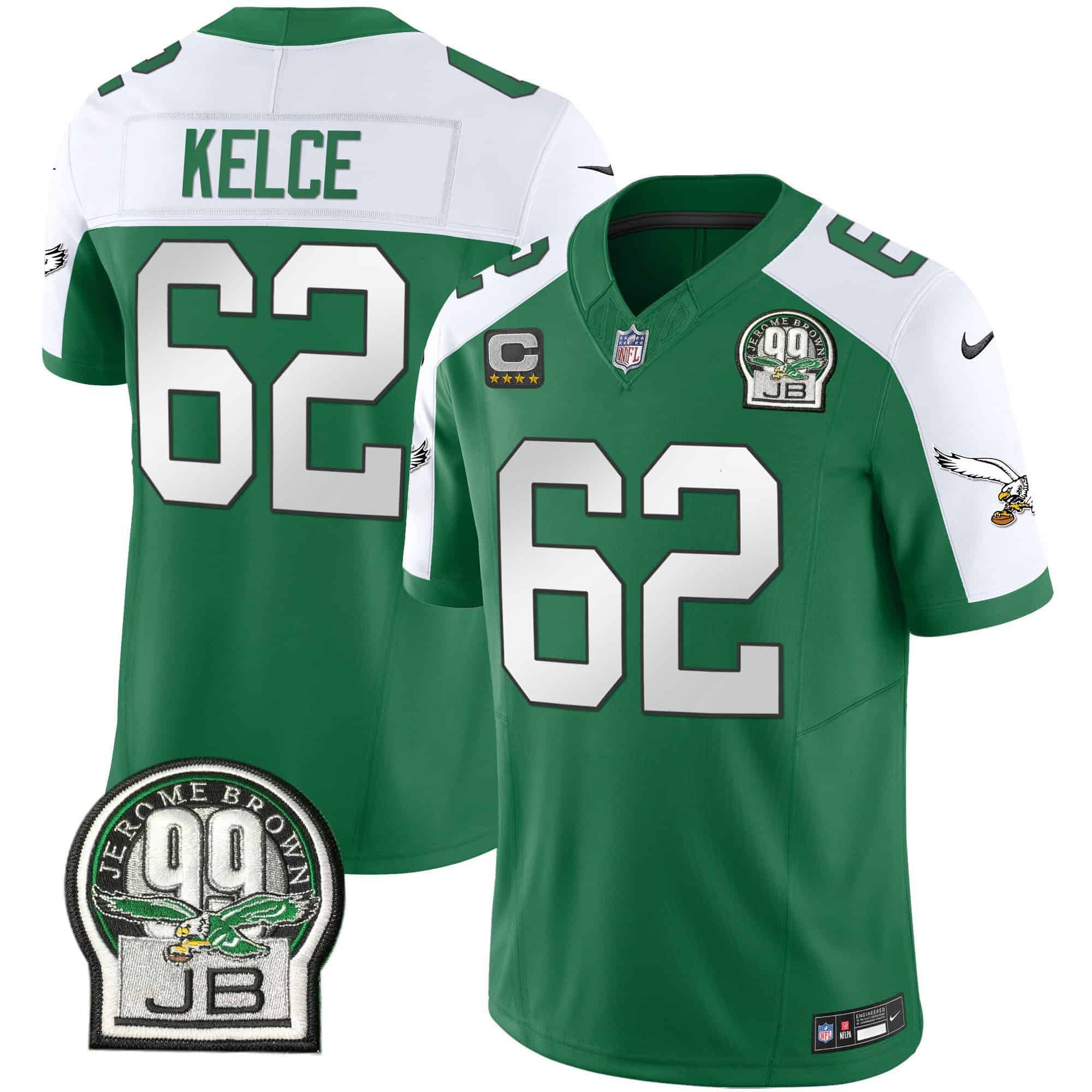 Men Philadelphia Eagles #62 Kelce Green 2024 Nike Jerome Brown Patch Alternate Limited NFL Jersey